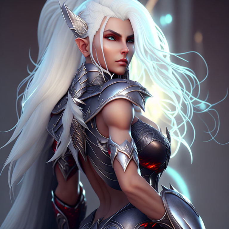 Female warrior in silver armor with white hair and blue magical energy.