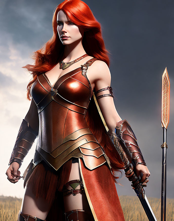 Red-Haired Warrior Woman in Fantasy Armor with Spear and Stormy Sky