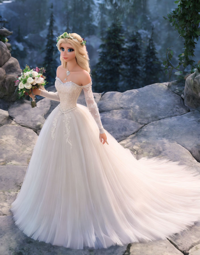 Bride doll in white gown with bouquet on misty forest path