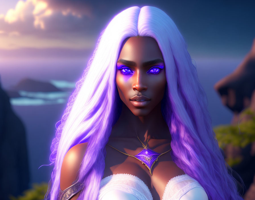 Digital Artwork: Woman with Purple Glowing Eyes and White-Purple Hair by Ocean at Dusk