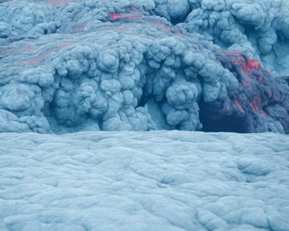 Textured blueish lava with red-orange streaks: Cooling molten surface