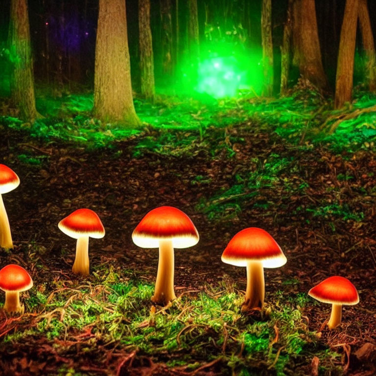 Mystical red-capped mushrooms in dark forest with green and purple lights