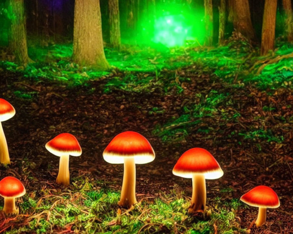 Mystical red-capped mushrooms in dark forest with green and purple lights