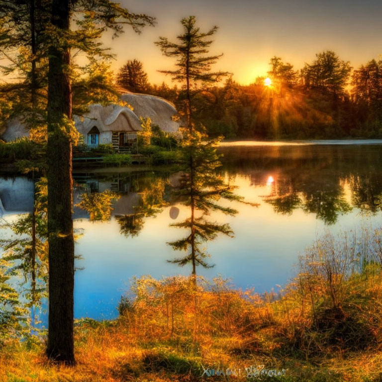 Tranquil sunrise scene at a lake with tree reflection and cottage.