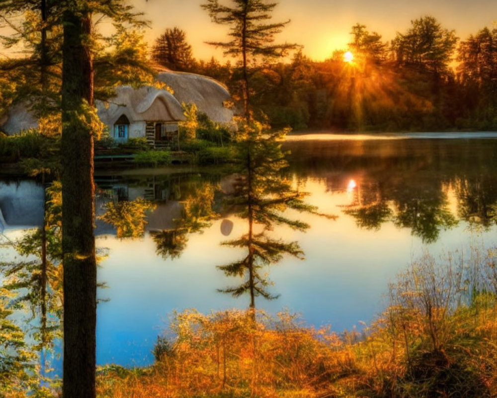 Tranquil sunrise scene at a lake with tree reflection and cottage.