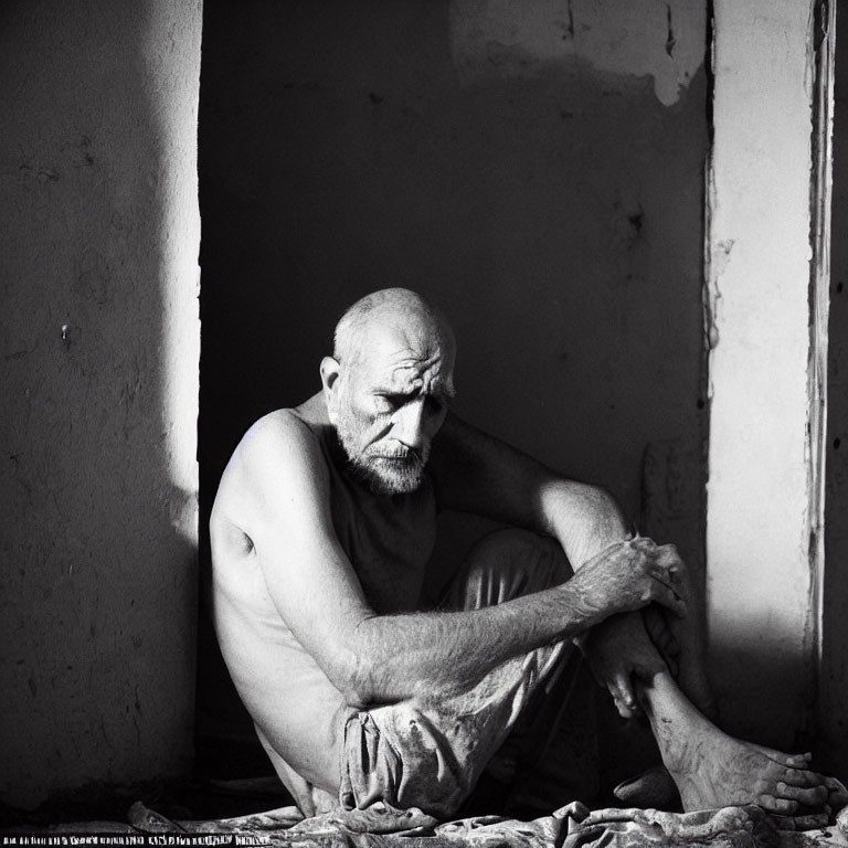 Elderly Bearded Man Sitting Barefoot in Sparse Room