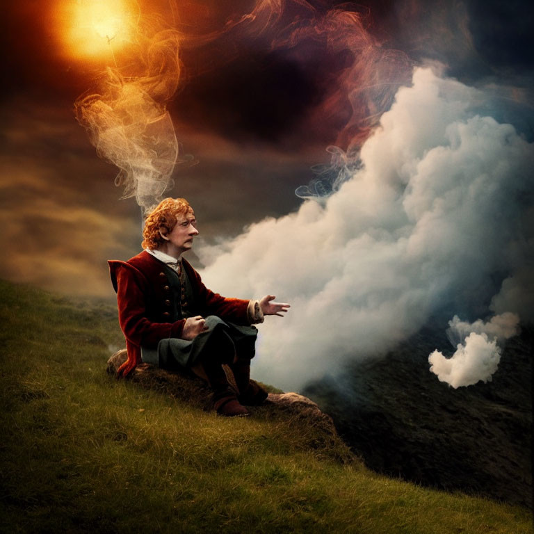 Fantasy character on grassy cliff under dramatic sky