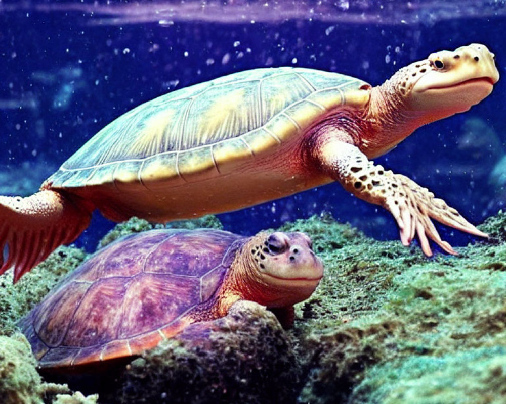 Sea turtles swimming near ocean floor with outstretched flippers and resting on algae-covered rocks.