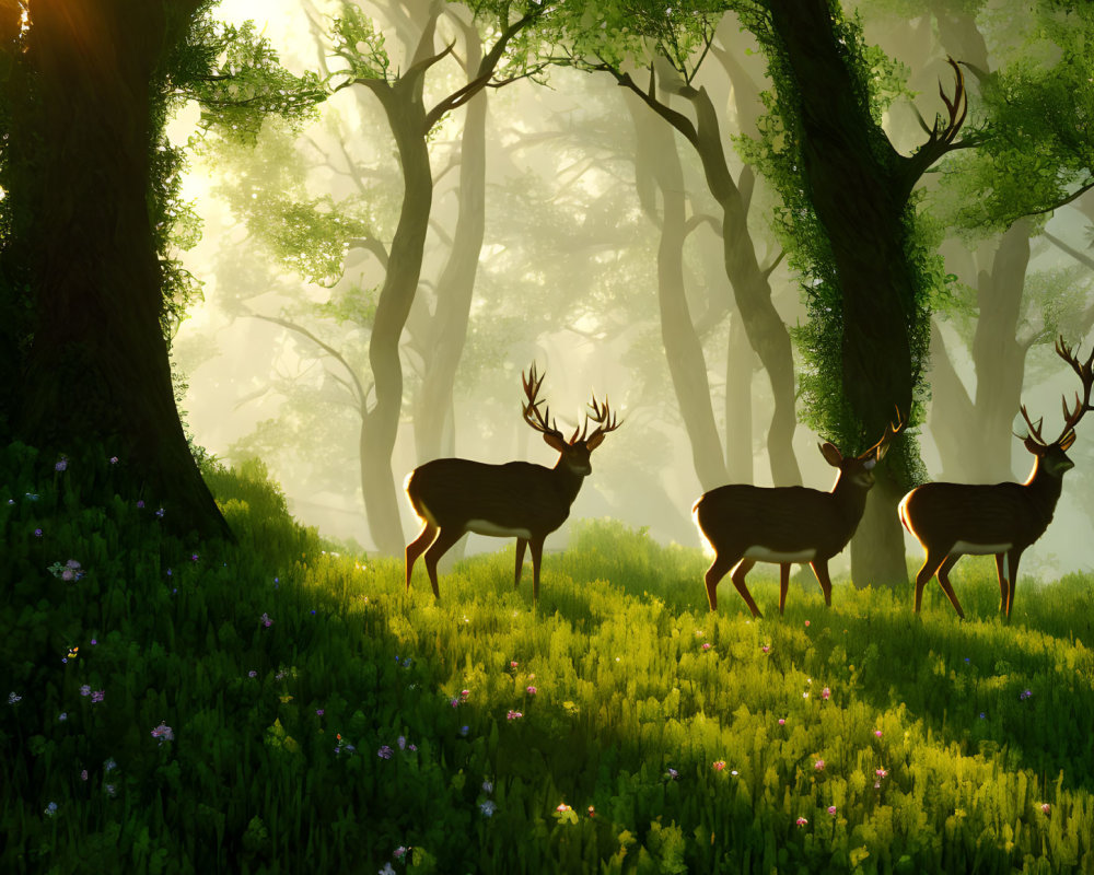 Tranquil forest landscape with deer grazing under sunlight