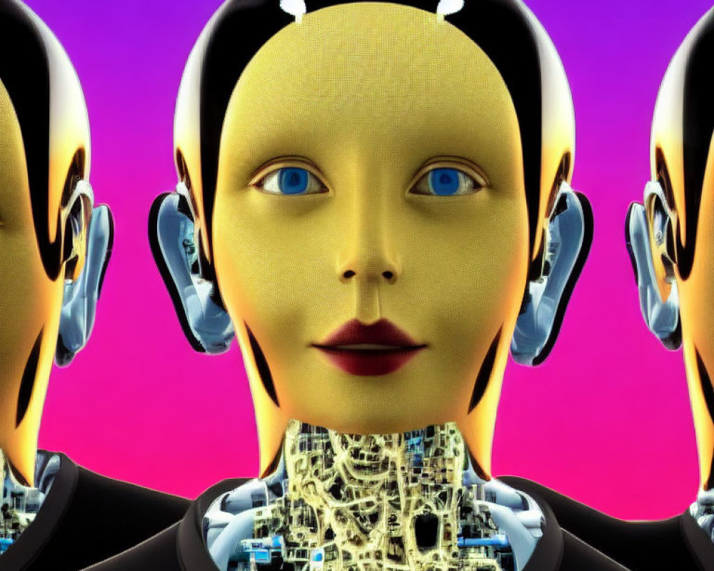 Three robot heads with human-like features on purple background, one facing forward with exposed circuitry.