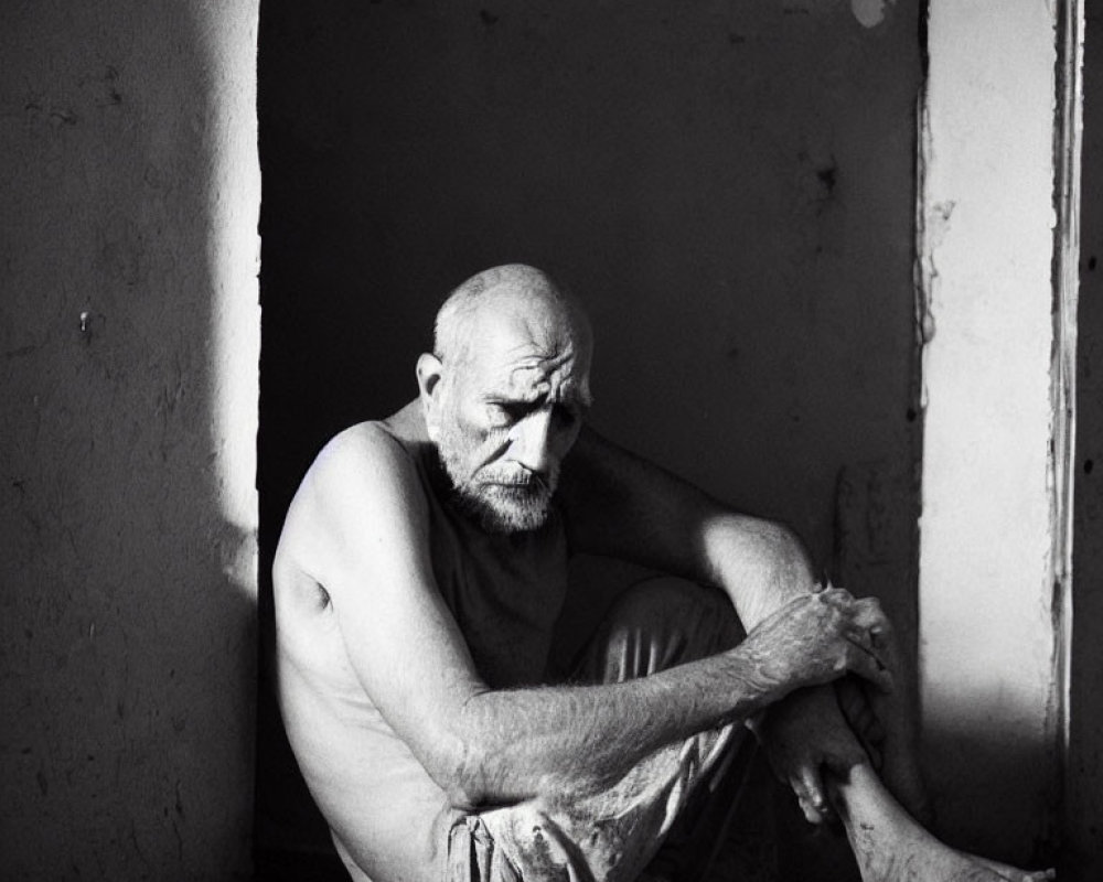 Elderly Bearded Man Sitting Barefoot in Sparse Room