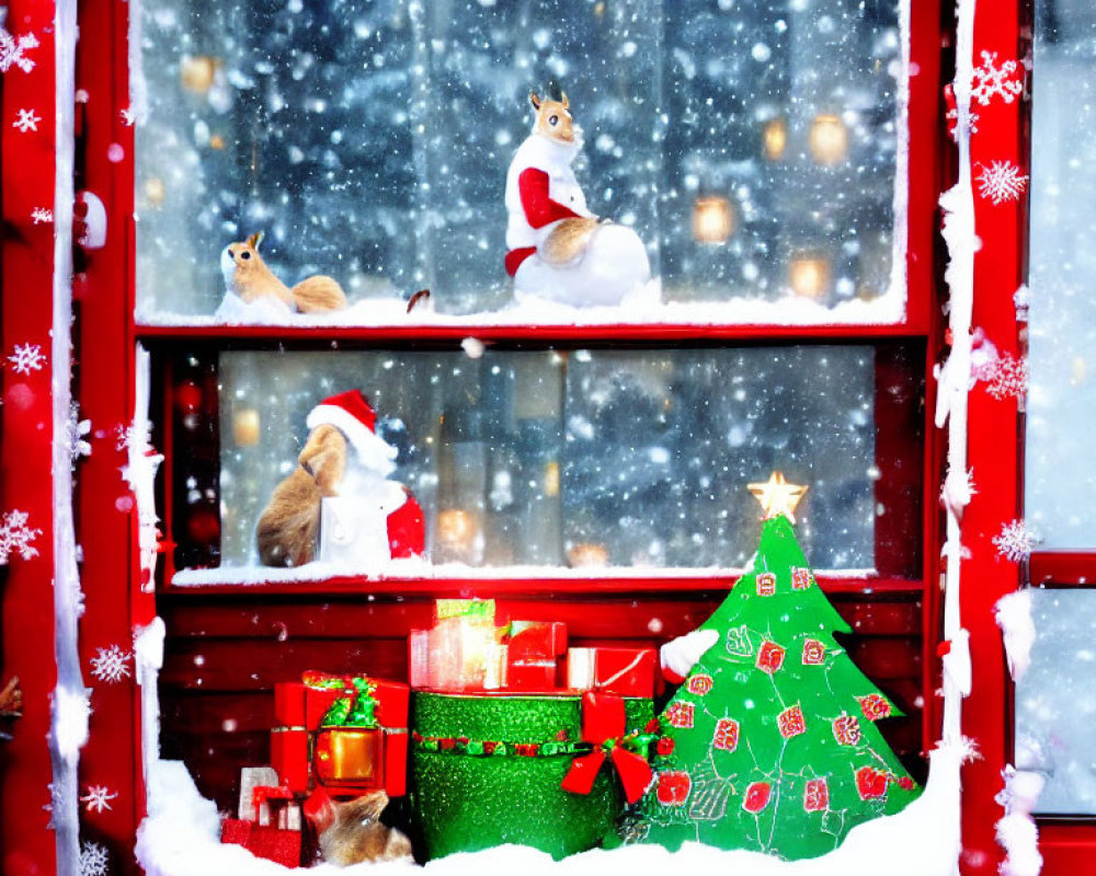 Festive red window frame with squirrels in Santa hats, gifts, Christmas tree, and snow