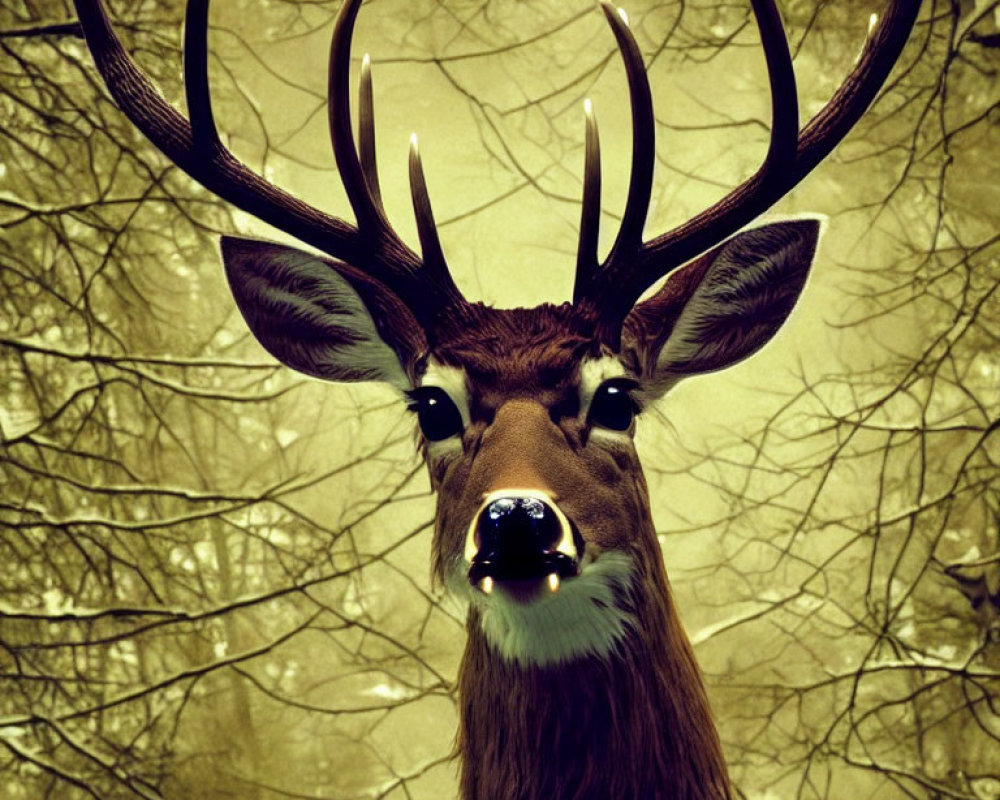 Majestic deer with antlers in sepia forest.