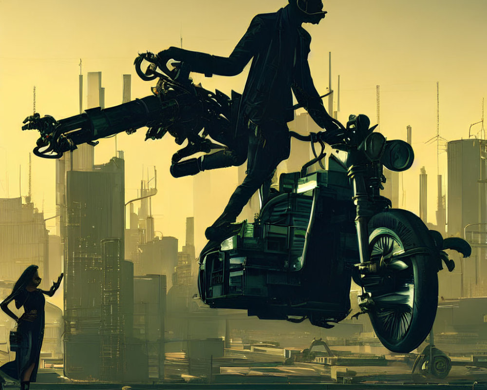 Man in suit on hovering motorcycle with woman in futuristic cityscape.