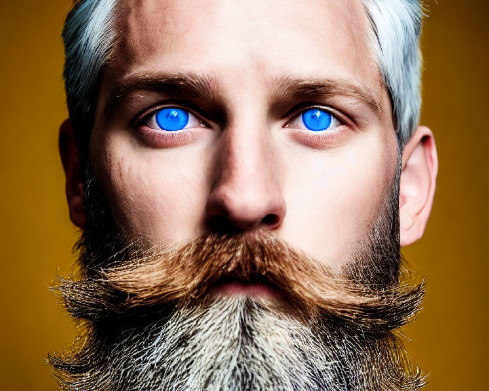 Man with Blue Eyes, Beard, and Mustache on Yellow Background