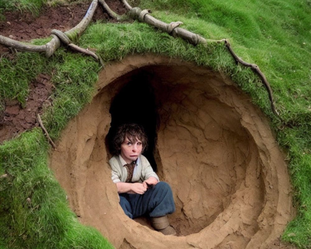 Person emerging from grassy mound in rustic costume with concerned expression