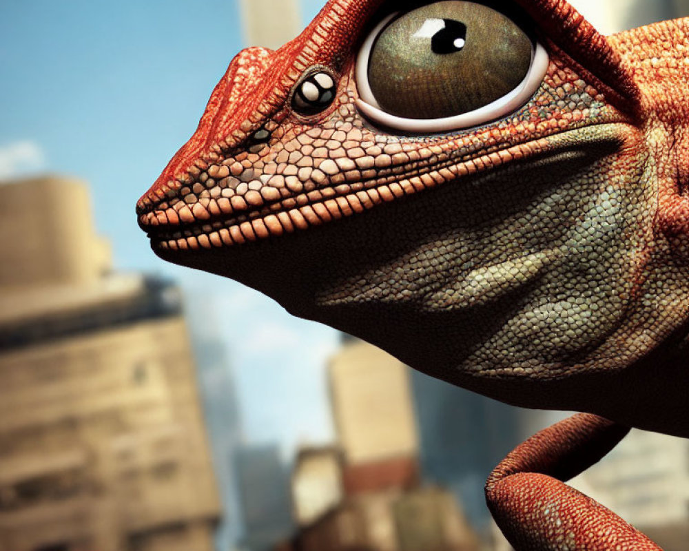 Detailed CGI gecko close-up with textured skin and urban backdrop.