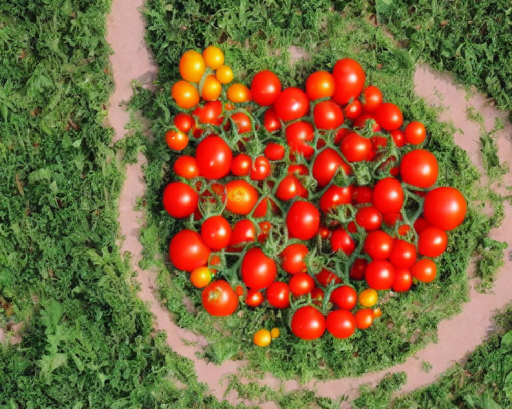 Vibrant red tomatoes on ground with green plants and dirt path