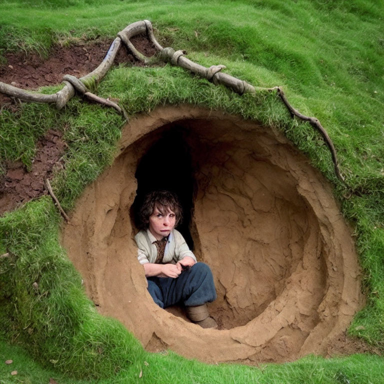 Person emerging from grassy mound in rustic costume with concerned expression