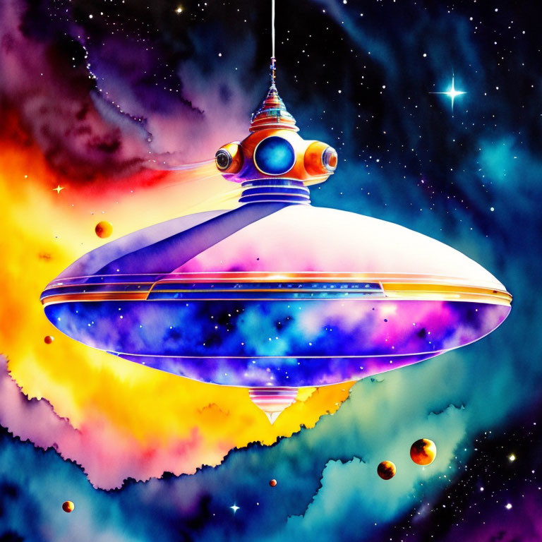 Colorful UFO Illustration in Space with Stars & Planets