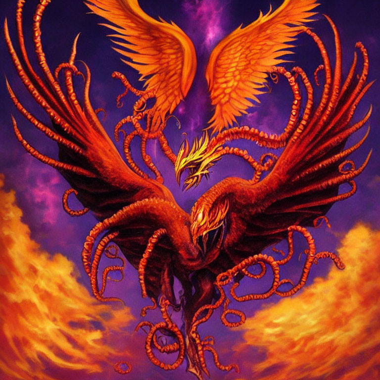 Mythical phoenix with fiery wings and tail soaring amidst flames