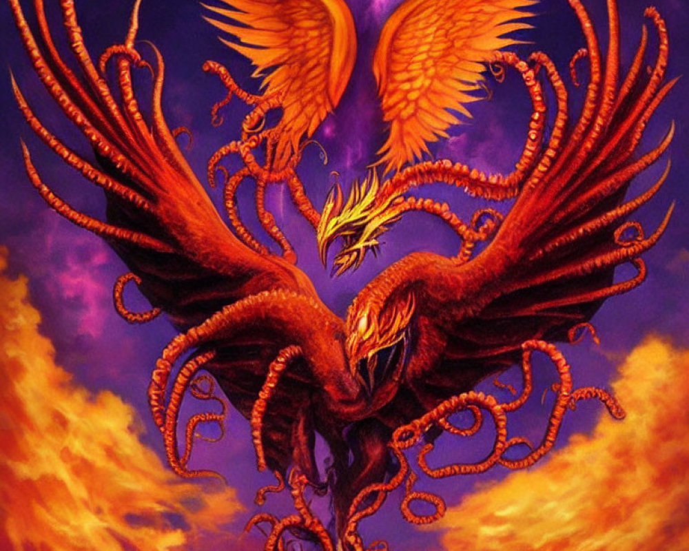 Mythical phoenix with fiery wings and tail soaring amidst flames