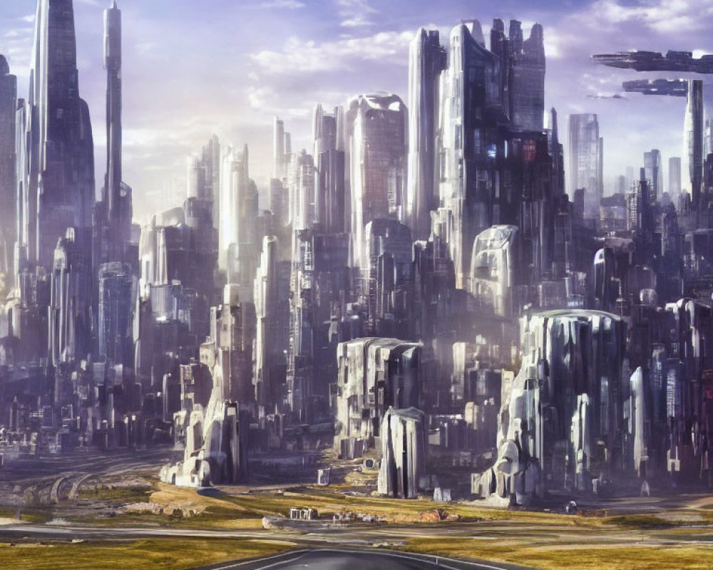 Futuristic cityscape with skyscrapers, clear sky, and flying vehicles