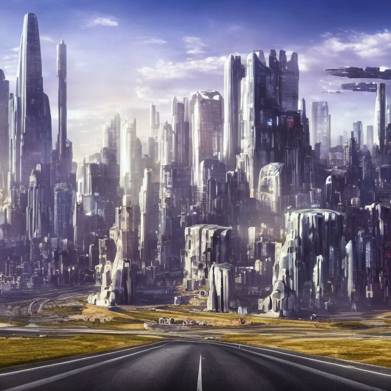 Futuristic cityscape with skyscrapers, clear sky, and flying vehicles