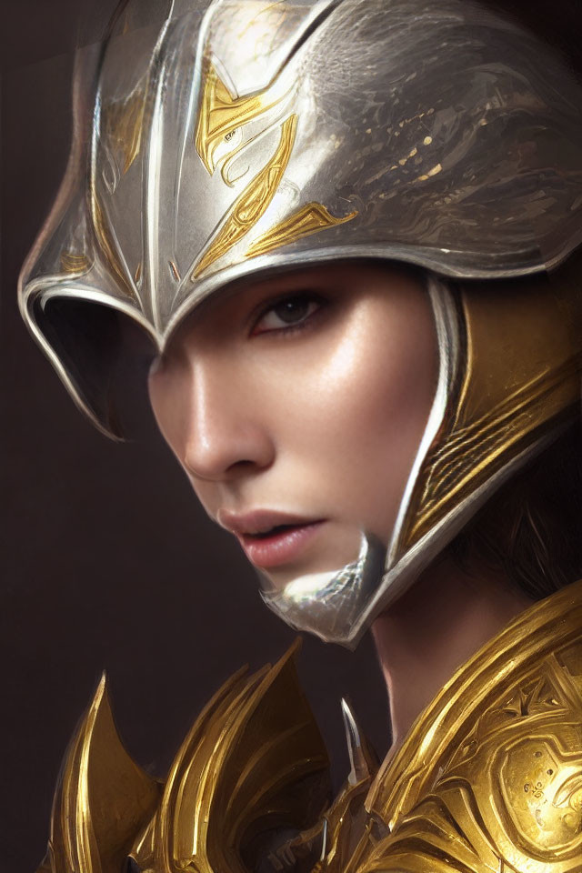 Detailed Golden and Silver Fantasy Helmet Portrait with Intense Eyes