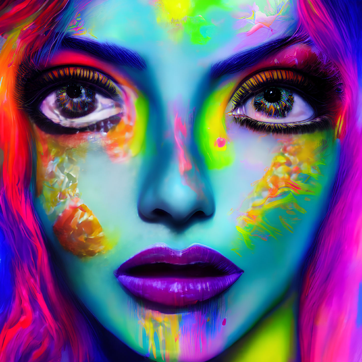 Colorful Portrait of Woman with Neon Pink Hair and Paint Splattered Face