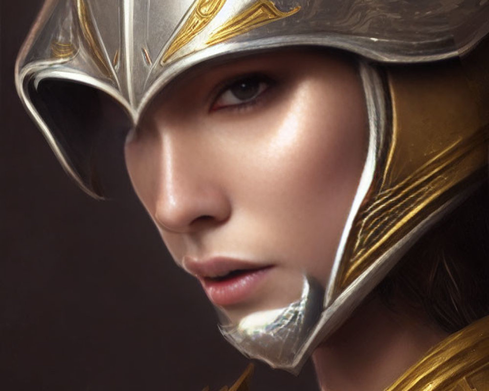 Detailed Golden and Silver Fantasy Helmet Portrait with Intense Eyes