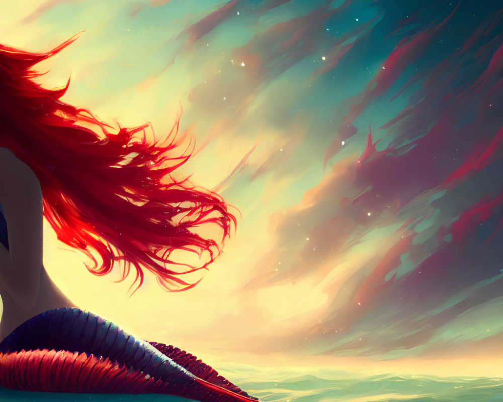 Red-haired mermaid admires sunset over ocean.