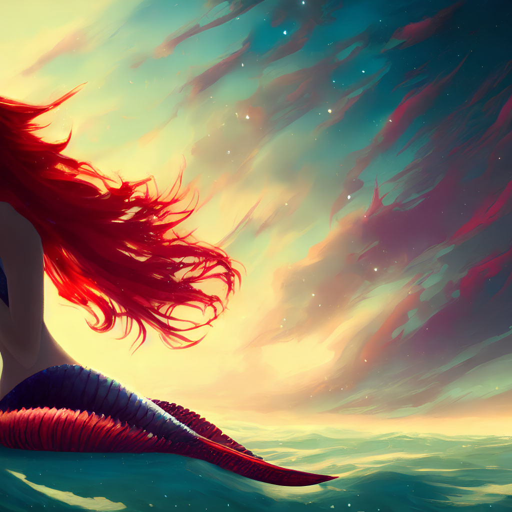 Red-haired mermaid admires sunset over ocean.