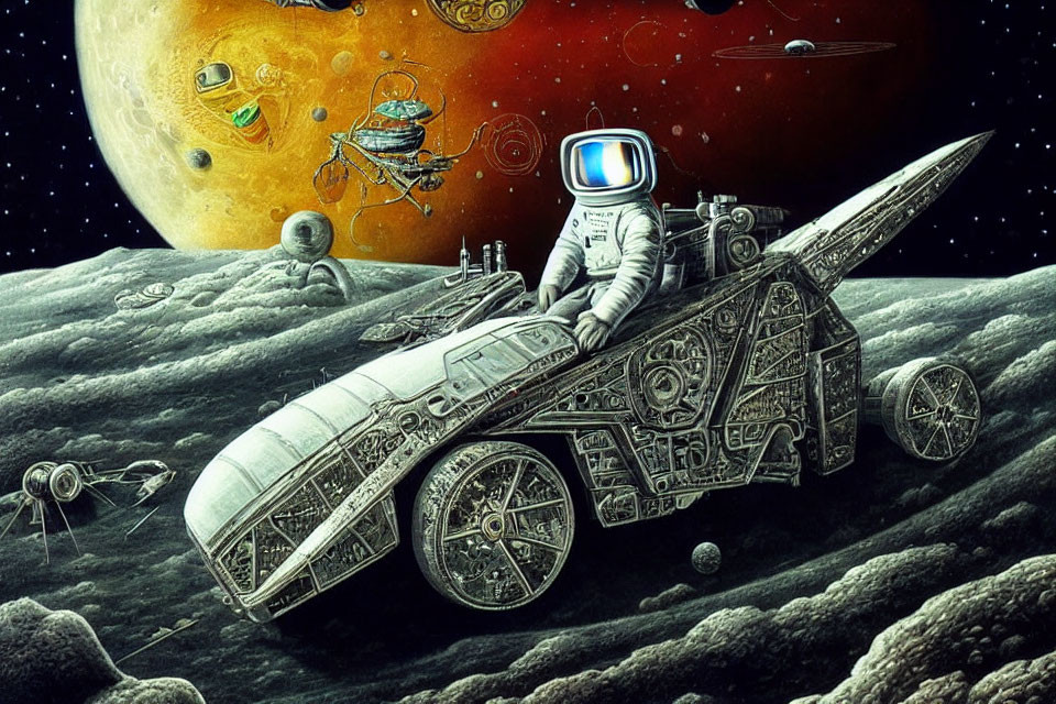 Detailed astronaut on spaceship structure on lunar surface with space backdrop.