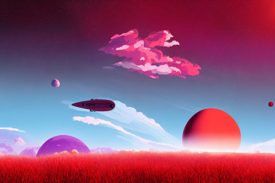 Futuristic sci-fi landscape with red grass field, floating islands, airship, purple sky