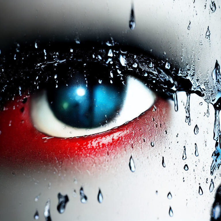 Detailed close-up of human eye with red makeup behind wet glass surface