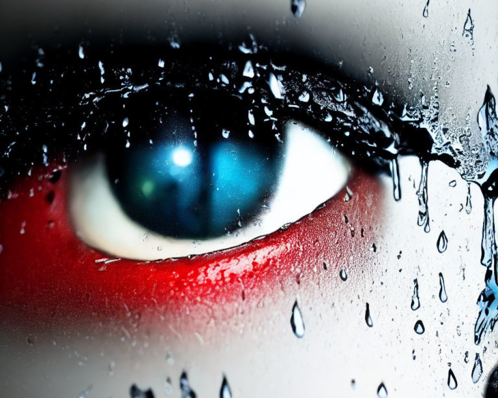 Detailed close-up of human eye with red makeup behind wet glass surface