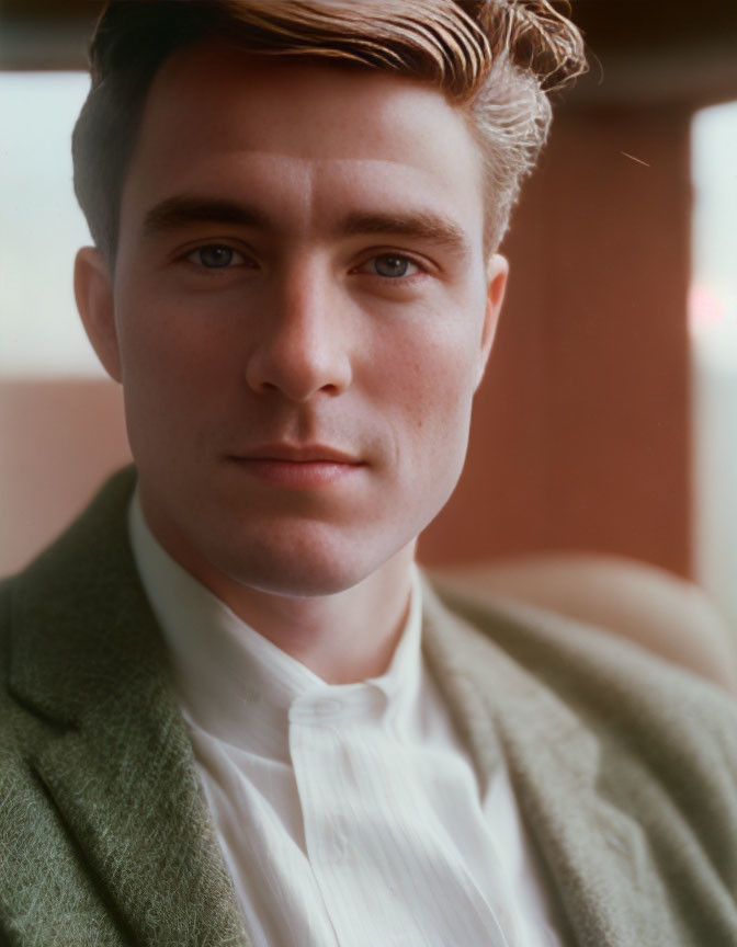 Young man in white shirt and green textured jacket portrait.