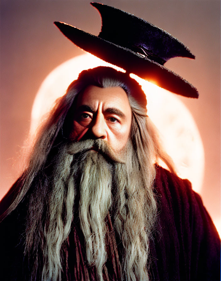 Elderly man in wizard attire with glowing moon backdrop