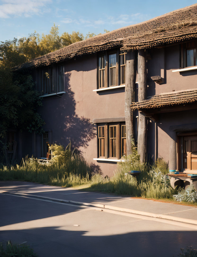 Thatched Roof House with Brown Walls in Sunlight