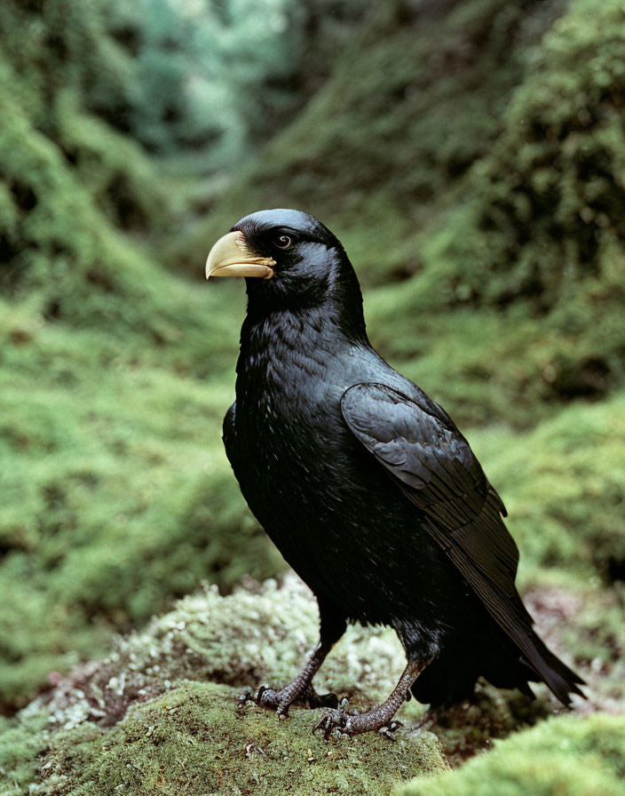 Black Crow Perched on Moss-Covered Rock in Green Foliage