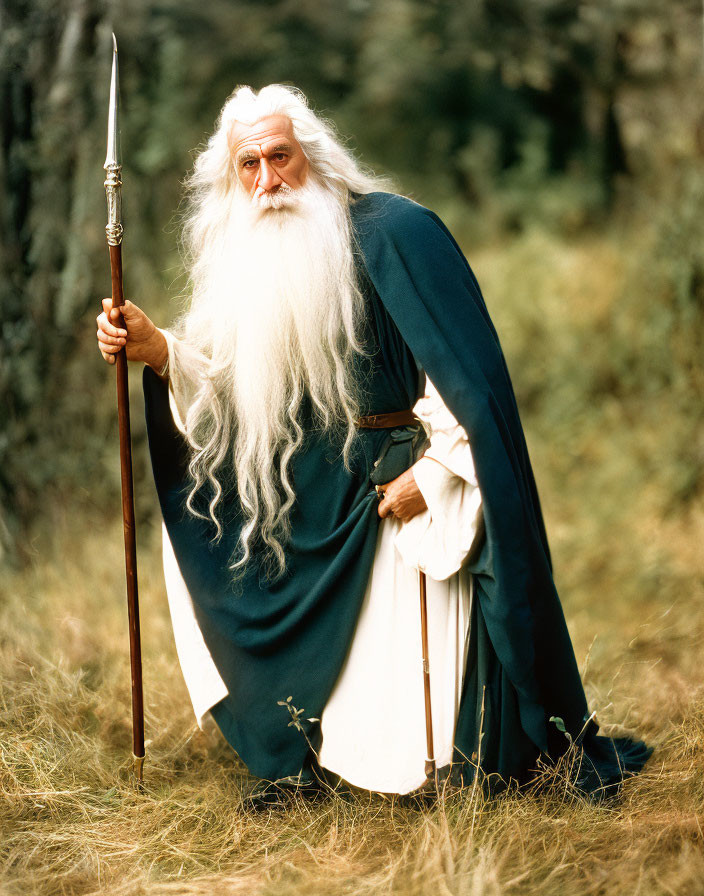 Elderly man in wizard costume with staff in forest setting