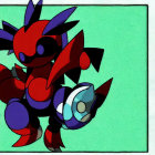 Vibrant red and black Pokémon with fiery mane and spiral-tailed punch on teal background