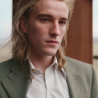 Young man in white shirt and green textured jacket portrait.