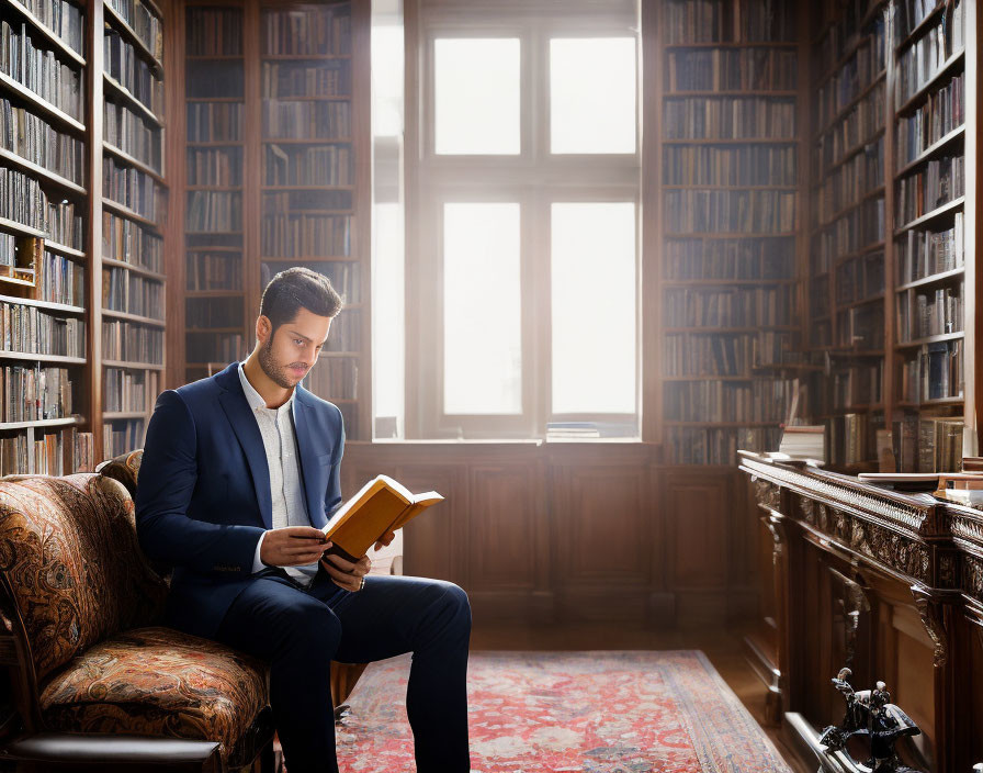 Man in Blue Suit Reading Book in Sunlit Classic Library