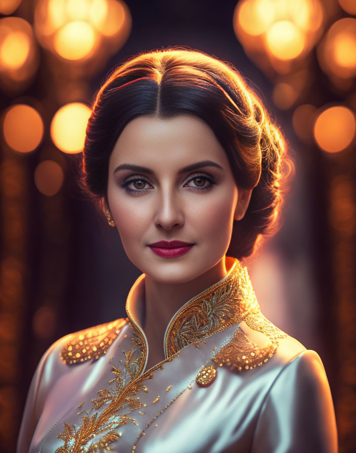 Elegant woman in ornate high-collared outfit with serene gaze