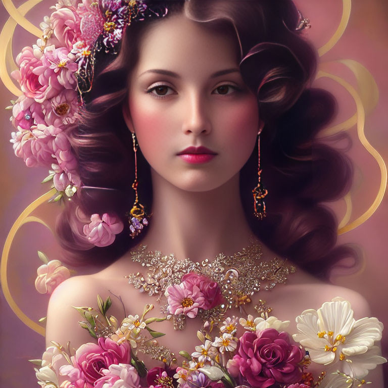 Digital painting of woman with floral accessories and elegant jewelry