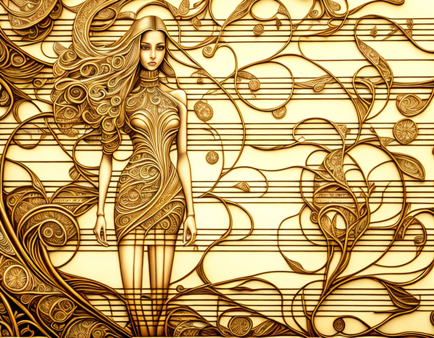 Stylized woman with flowing hair in abstract swirls and musical notes on golden background