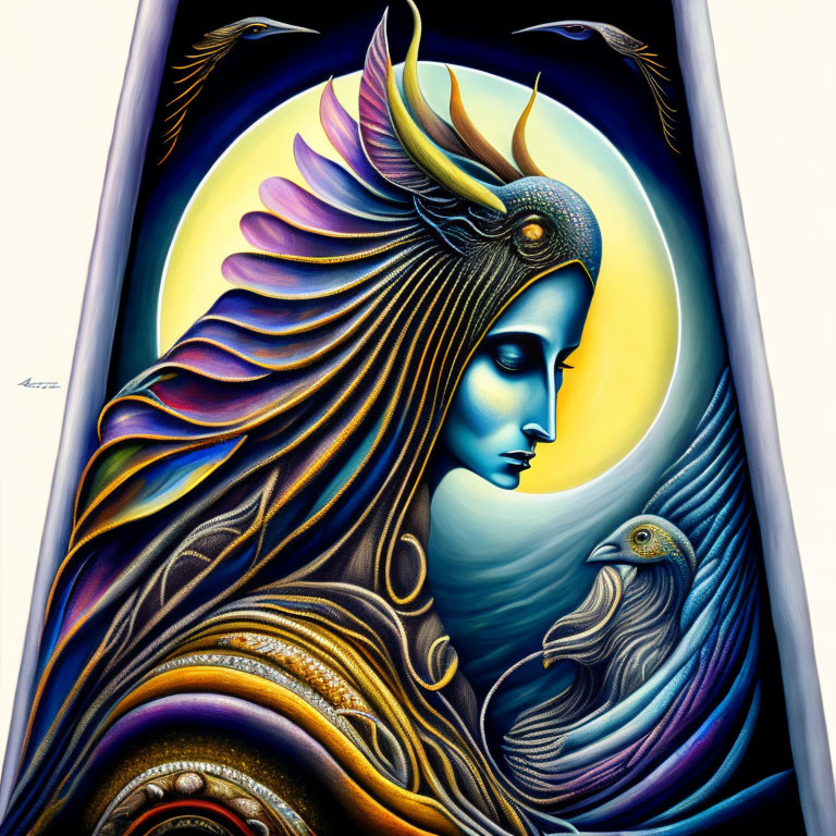 Colorful digital artwork: Woman and bird with intricate lines