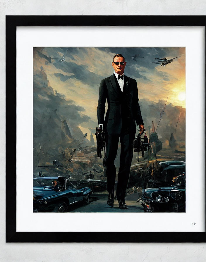 Dramatic portrait of a man with guns, classic cars, and military aircraft